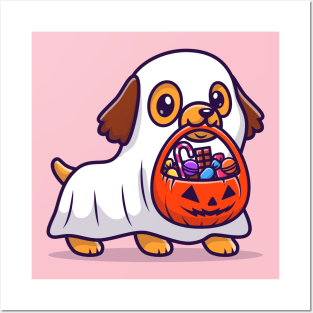 Cute Ghost Dog With Pumpkin Halloween Cartoon Posters and Art